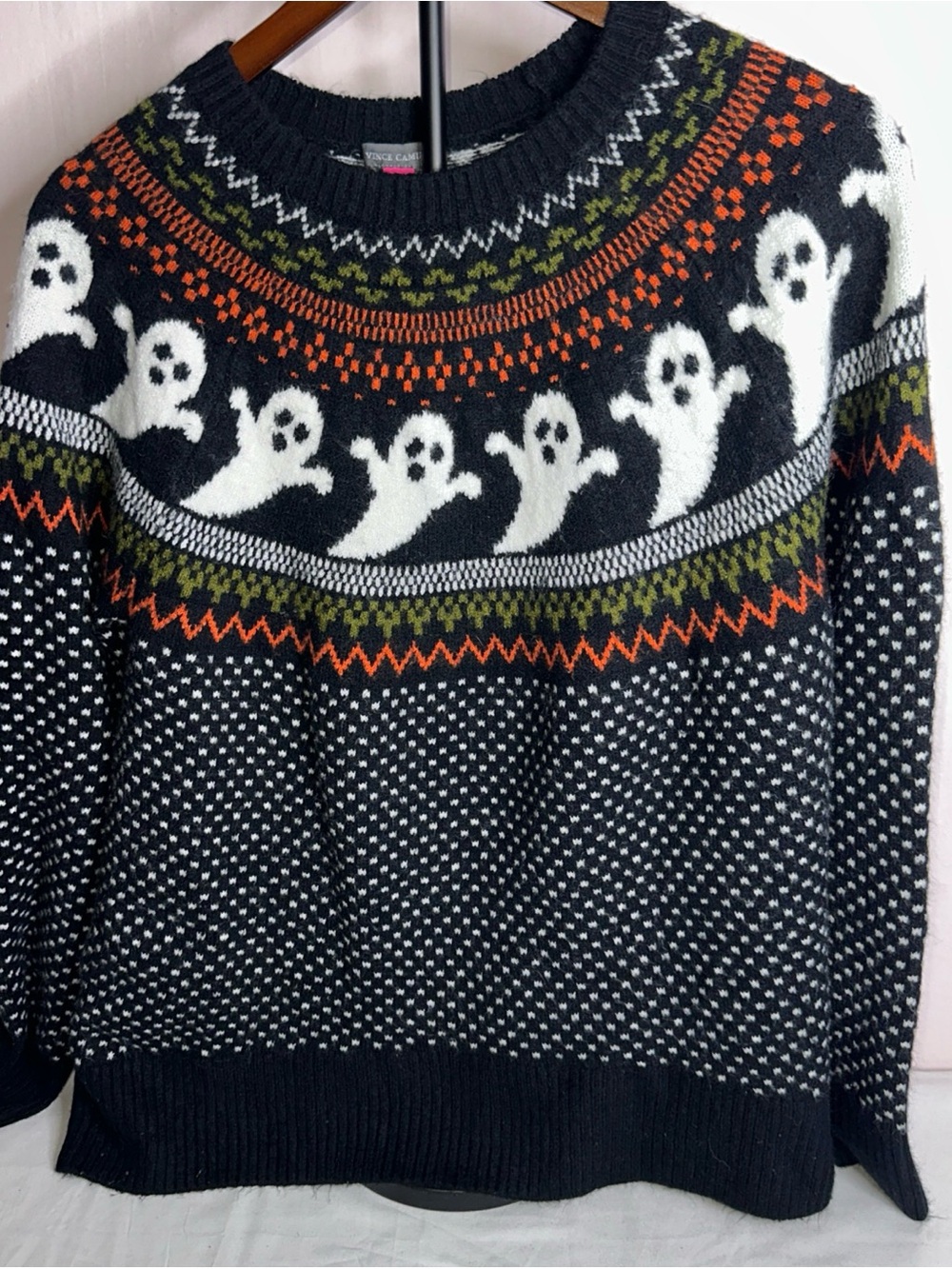 Vince Camuto Black Halloween Ghost  Sweater with Orange and Olive Accents